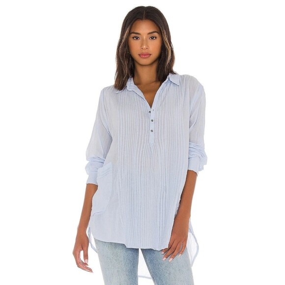 Free People Tops - Free People Waverly Tunic Pockets Blue Long Sleeve Lightweight Cotton Boho Sz M